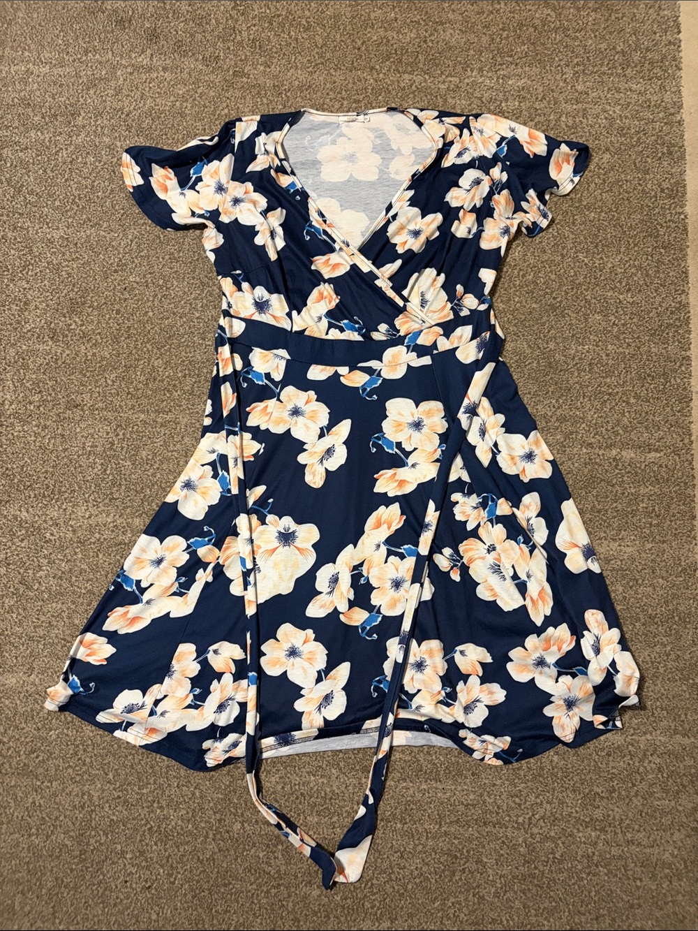 Navy Floral Wrap Dress with Peach Blooms
